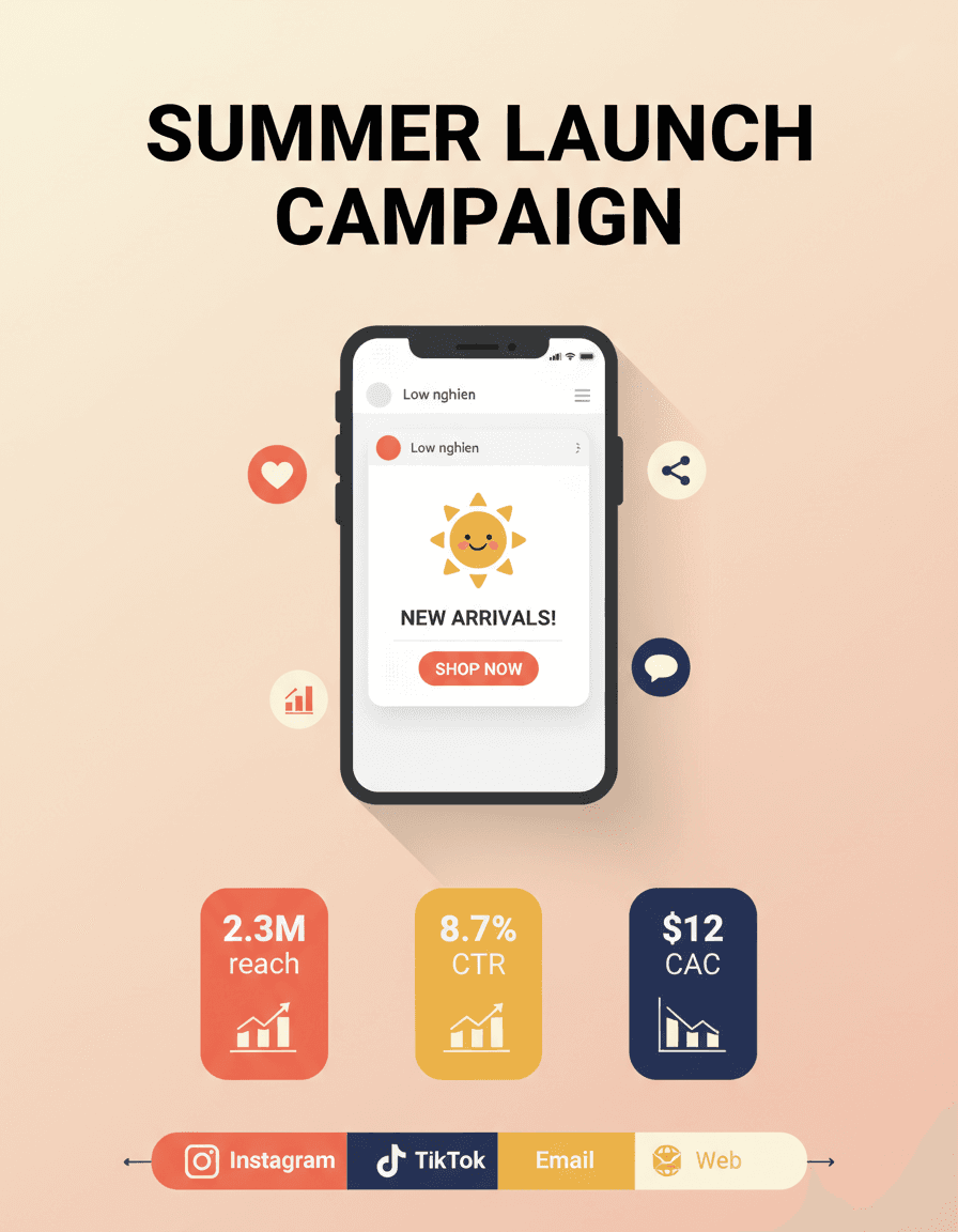 AI infographic for a Summer Launch marketing campaign showing a smartphone hero illustration, KPI callouts for reach, click-through rate, and customer acquisition cost, and a four-channel timeline strip