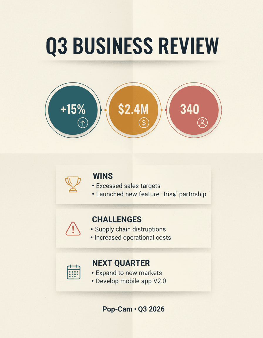 AI-generated infographic of a Q3 business review meeting with metric callouts for revenue, growth, and new customers, plus Wins, Challenges, and Next Quarter sections