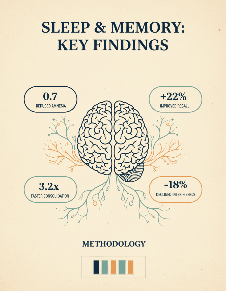 AI infographic visual abstract of a sleep and memory research study, with a stylized brain illustration surrounded by four key statistic callouts and a methodology bar chart