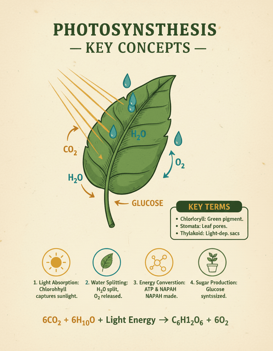 AI infographic study guide on photosynthesis with a labeled leaf diagram, four numbered learning steps, key terms callout, and the photosynthesis chemical equation