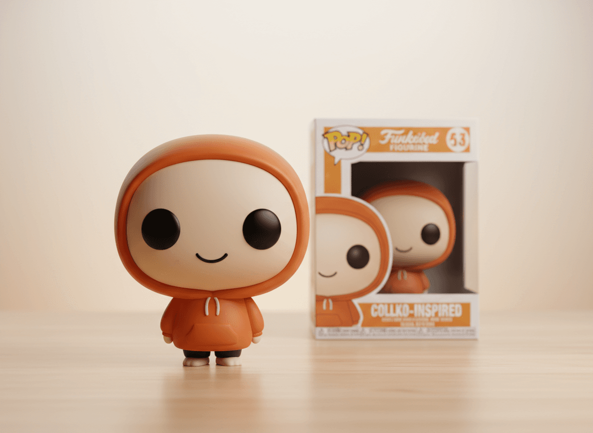 Funko Pop style vinyl figurine on a desk next to its collector box