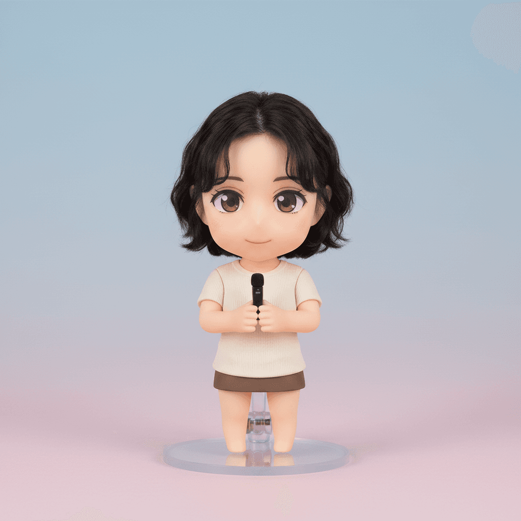 Chibi anime Nendoroid figurine with oversized eyes and glossy plastic finish, generated from a portrait by Pop-Cam