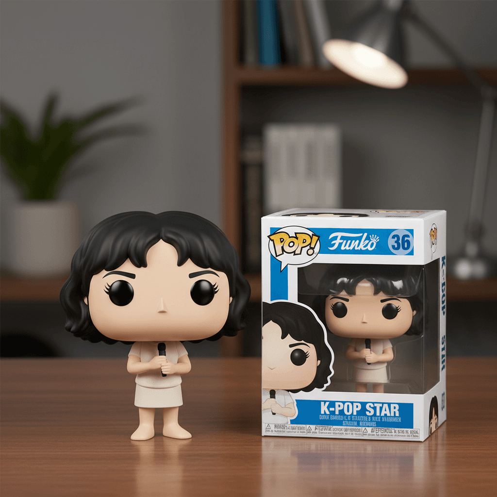 Funko Pop vinyl figurine on a wooden desk next to its branded collector box, generated from a portrait by the Pop-Cam AI figurine generator