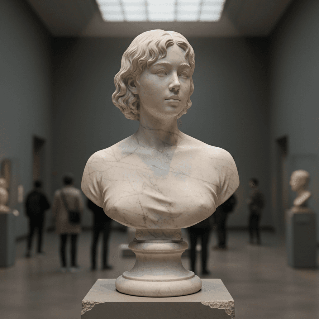 Neoclassical white marble bust sculpture under gallery lighting, generated from a portrait photo