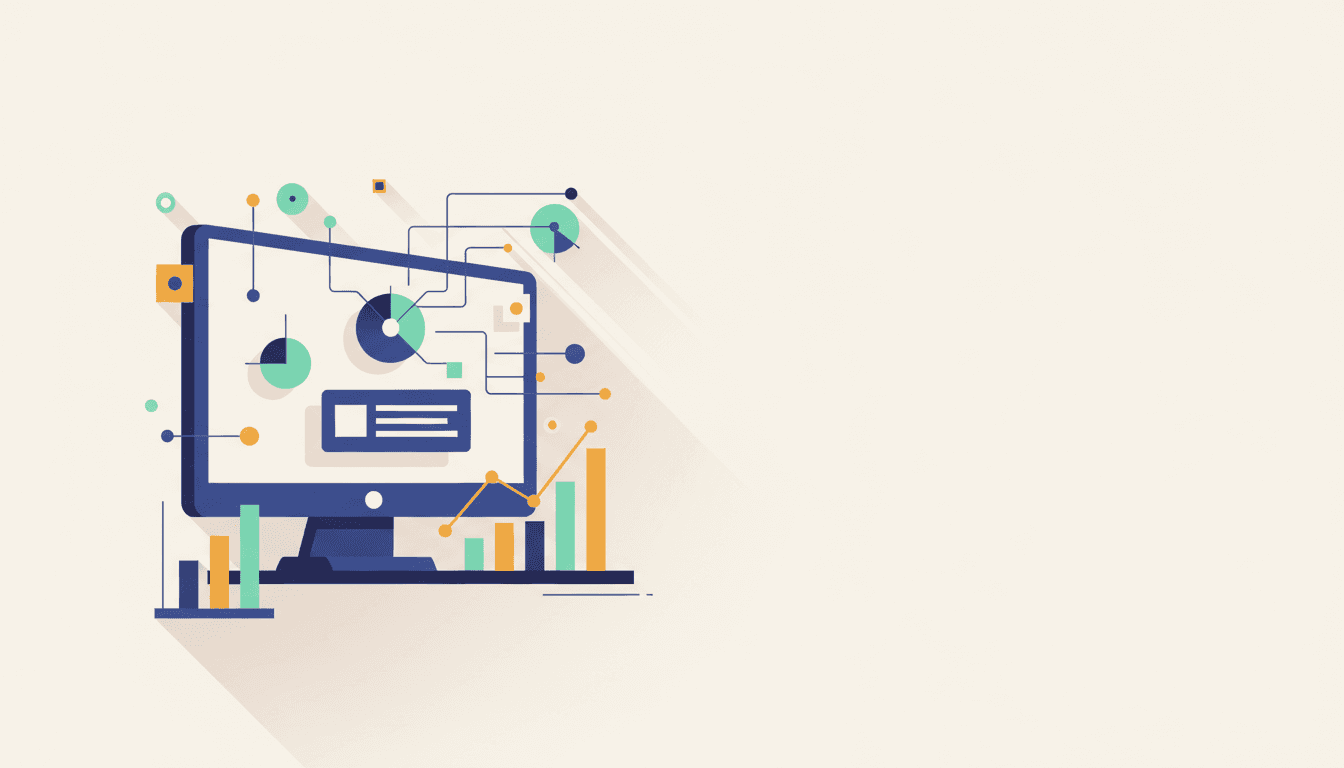 Flat vector illustration AI blog header showing an abstract monitor with floating geometric UI shapes and data lines in indigo, mint, amber, and ivory — ready for a SaaS or developer blog post
