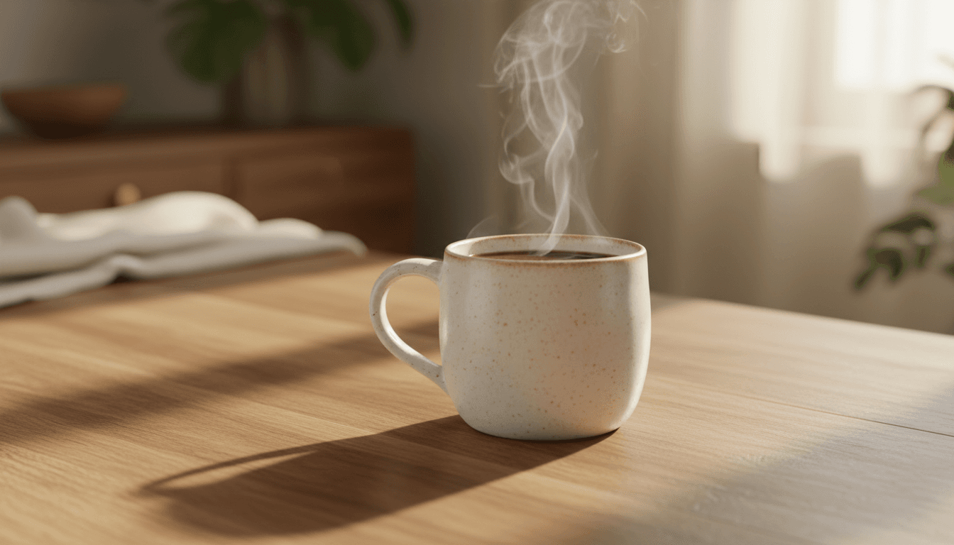 Photorealistic AI blog header showing a single ceramic coffee mug with steam on a warm wooden desk in soft morning light, premium ecommerce hero feel