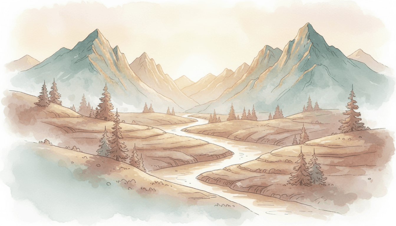 Watercolor-style AI-generated blog header showing a soft pastel mountain landscape at sunrise with a winding river, composed with negative space for an overlay title — ready for a travel article hero