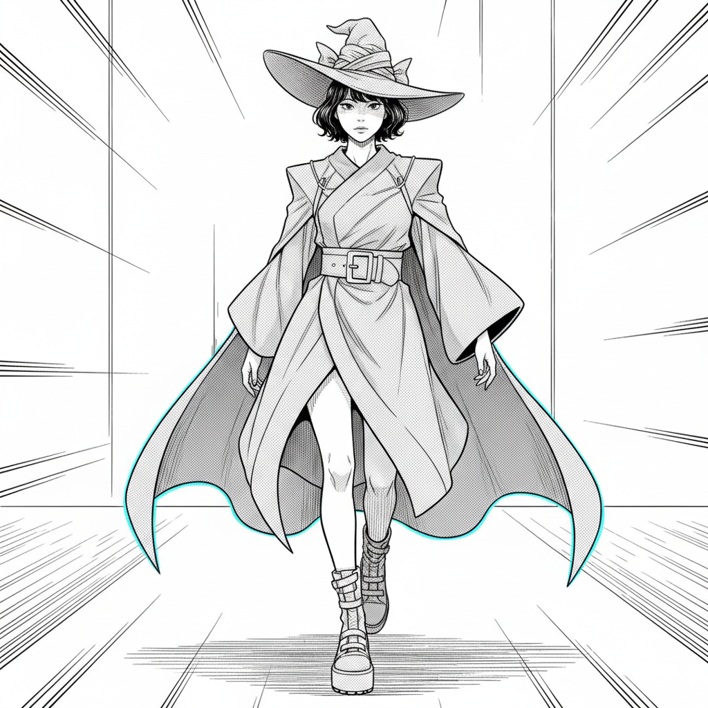 Avant-garde runway-fashion manga witch generated from a photo