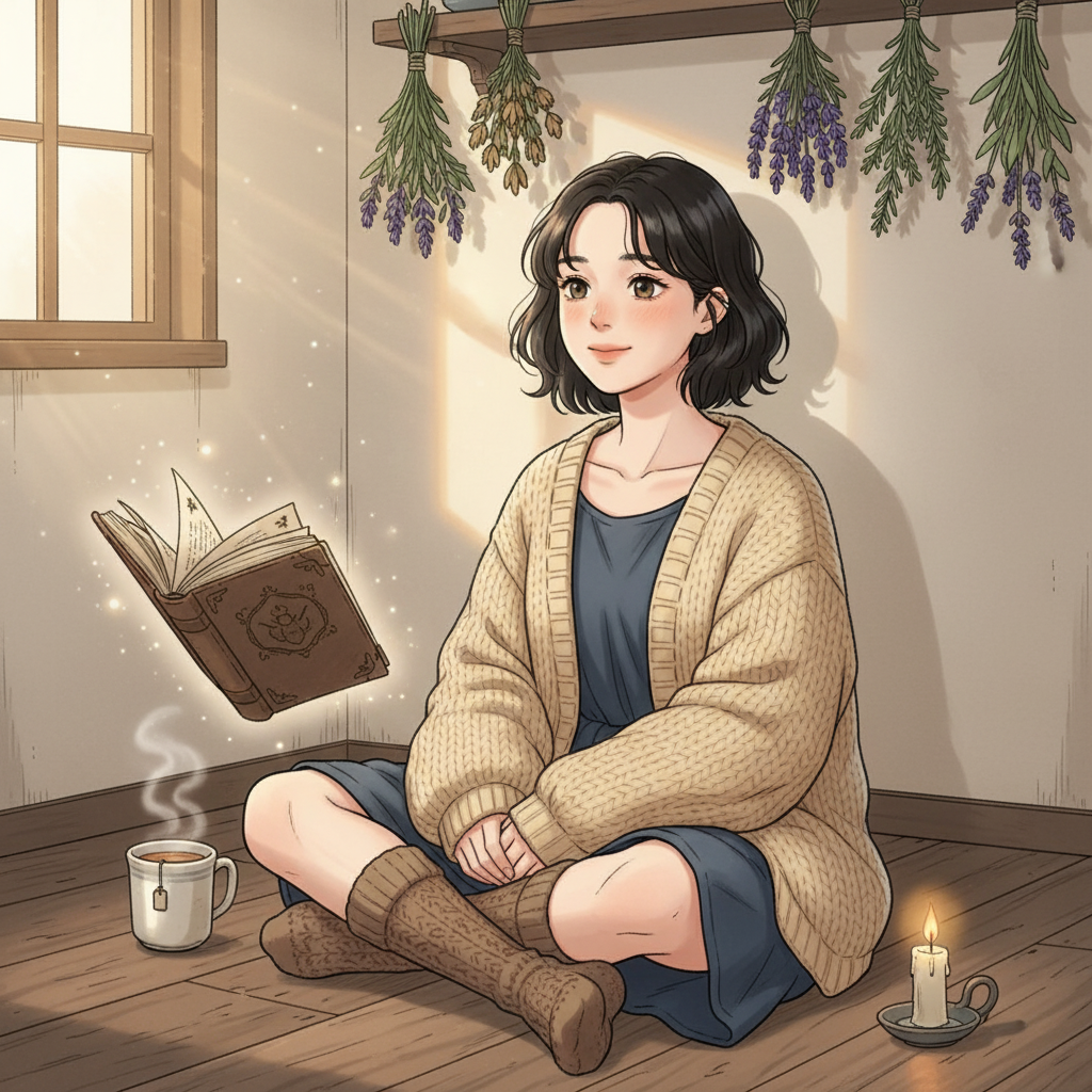 Sample render: cozy apprentice witch with floating spellbook