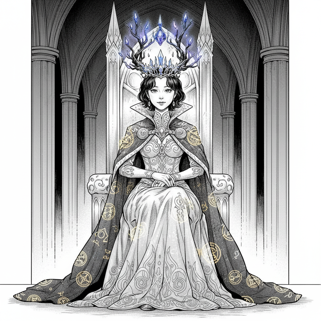 Crowned royal manga witch portrait with floating crown