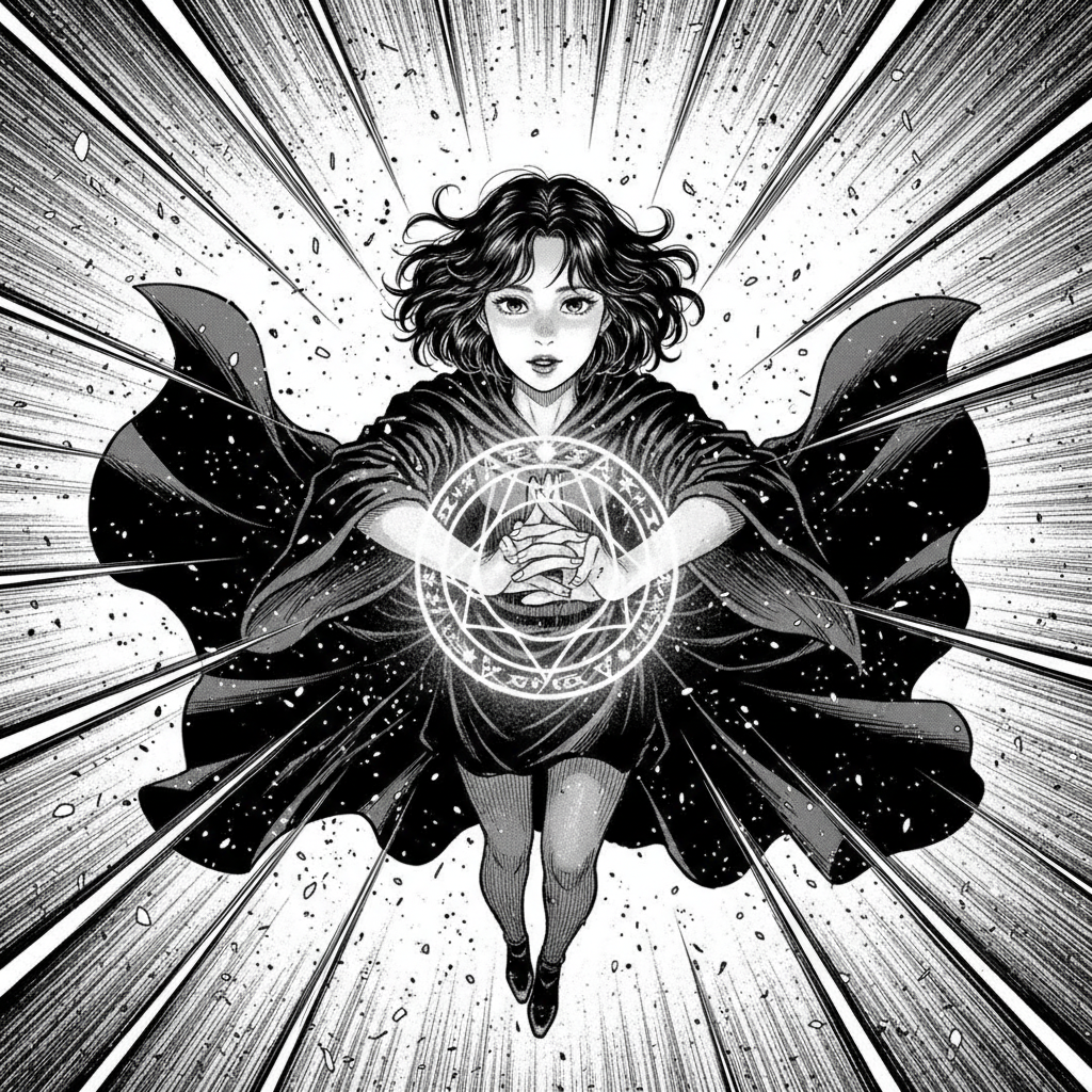 Mid-spell action manga witch double-page spread