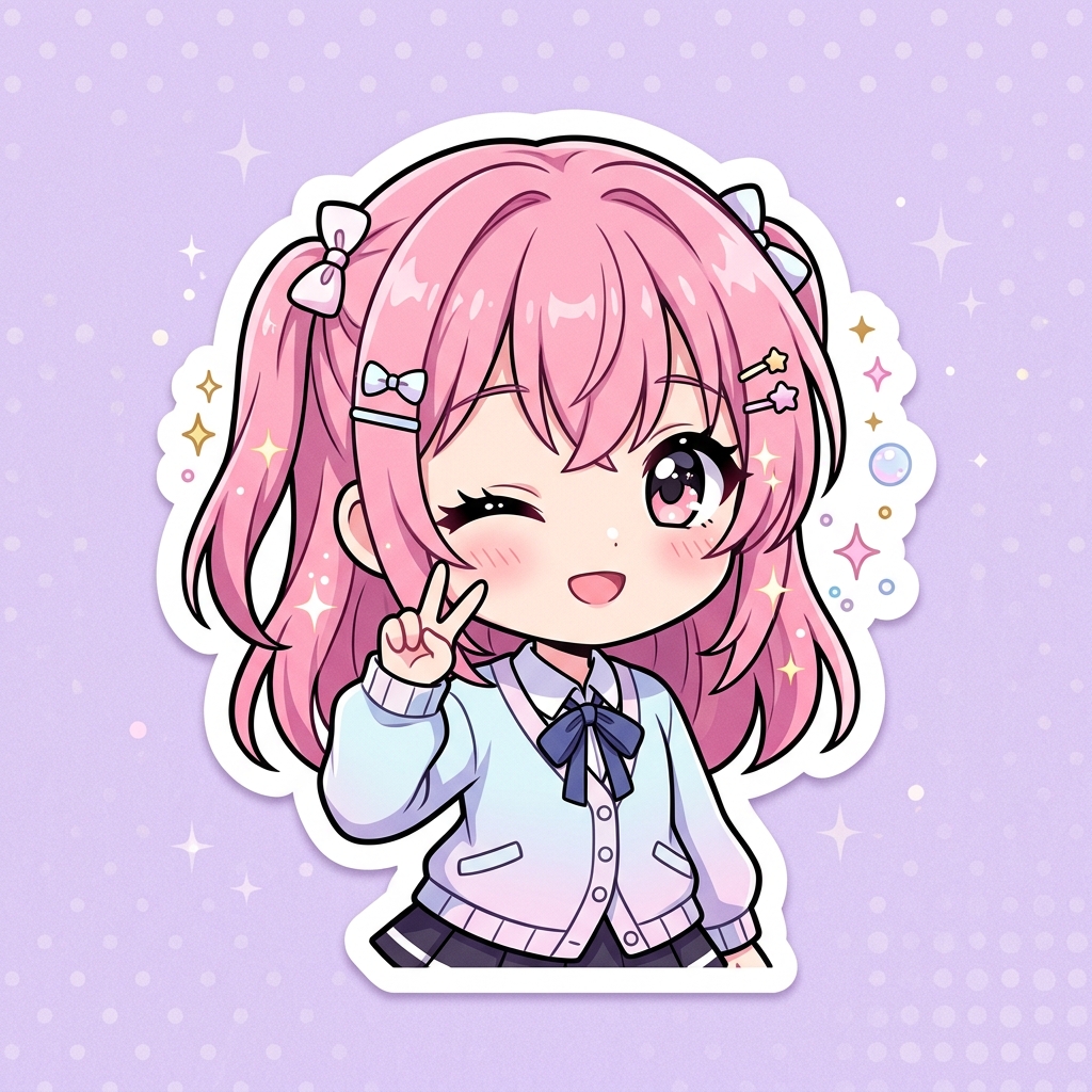 Anime-style sticker with manga linework and sparkle accents, generated by Pop-Cam