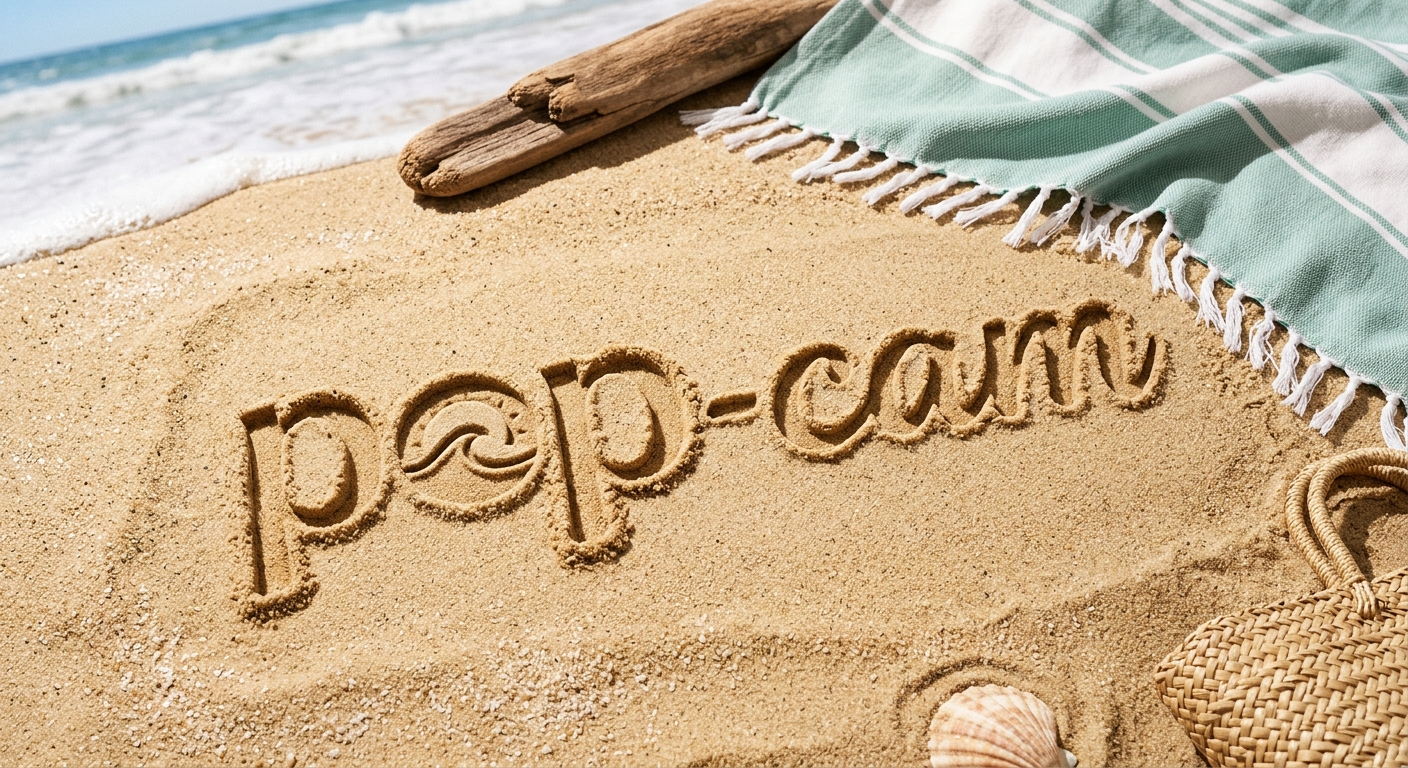 Beach sand imprint Y2K logo — retro futuristic 3D typography
