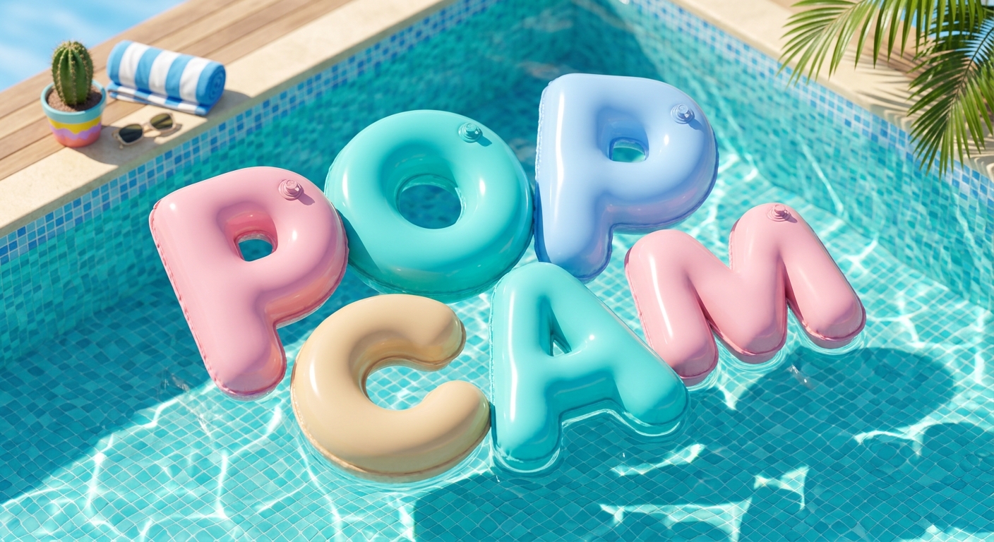 Y2K inflatable pool-tube 3D logo render — sample Pop-Cam output